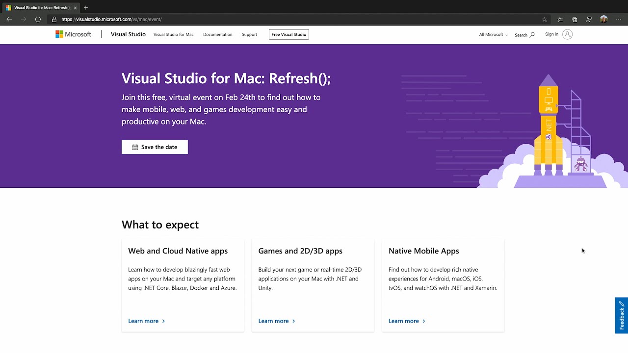 visual studio for the mac ad web page event